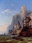 Out on The Town Paintings - Rowing Out At A Coastal Town by Charles Euphrasie Kuwasseg